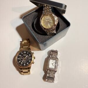 Fossil Set of 3 Flynn Pilot Chronograph Gold And Faux Diamond Watches Untested